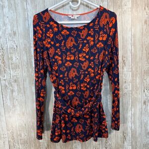 Boden Bernadette Jersey Top Navy Orange Floral Print Long Sleeve Wrap Waist‎ 10